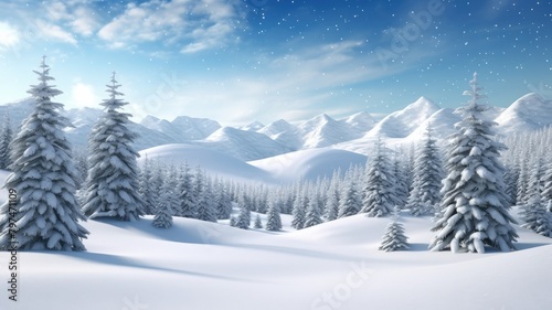 Breathtaking winter landscape with snow-covered pines and majestic mountains under a serene sky
