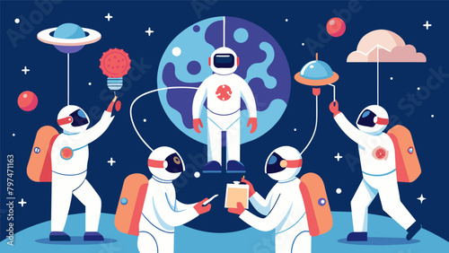 A team of astronauts on a mission communicating and problem solving through a wireless brainnetwork overcoming challenges and working seamlessly as a.