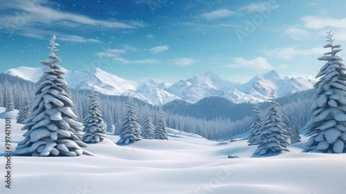Breathtaking winter landscape with snow-covered pines and majestic mountains under a serene sky