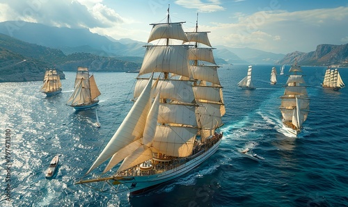 An old sailboat with white sails sailing among other ships on the sea under a clear blue sky in a magnificent seascape
