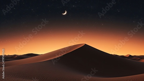 A tranquil desert night with a crescent moon casting a serene glow over undulating sand dunes under a starry sky