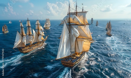An old sailboat with white sails sailing among other ships on the sea under a clear blue sky in a magnificent seascape photo