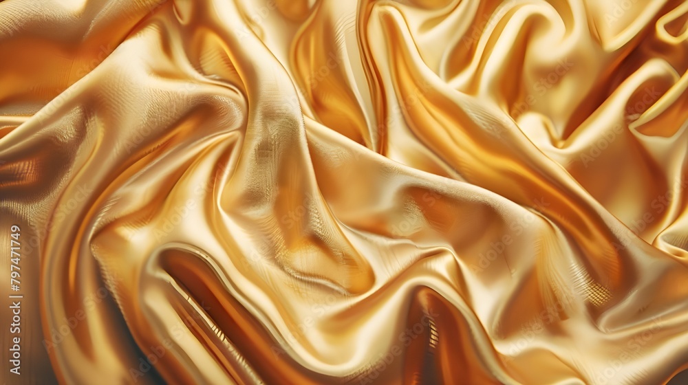 Gold fabric background, wavy yellow texture. Luxurious silky smooth fabric Ai generated  - obrazy, fototapety, plakaty 