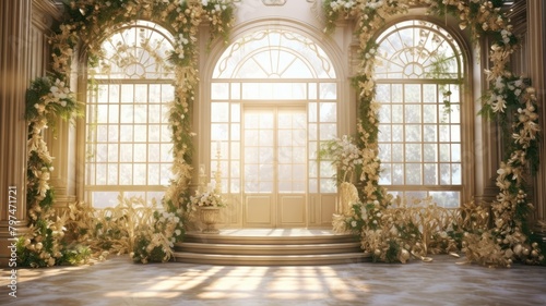  Elegant interior with sunlight, blooming white flowers, and lush greenery © chesleatsz