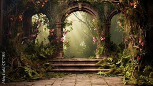  Enchanting forest archway with blooming flowers and lush greenery  casting a serene glow