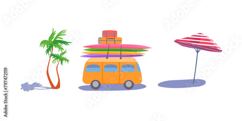 Set Isolated Yellow bus suitcases surfboards Tropical palm tree Red white striped beach umbrella Clipart Flat vector © vladaray