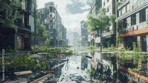 A postapocalyptic urban scene with overgrown vegetation abandoned buildings and a flooded street reflecting the surrounding architecture 