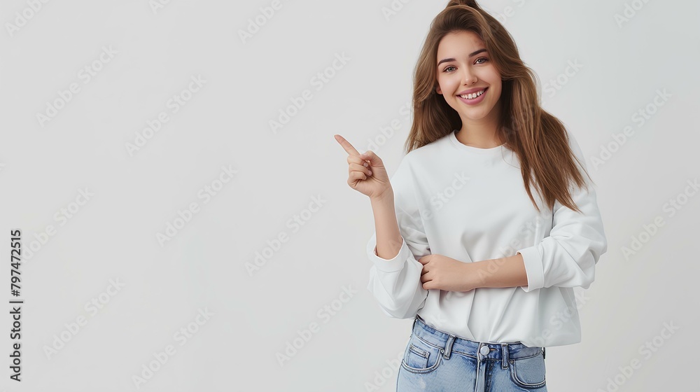 smiling female college student standing and pointing finger to side isolated over white background with copy space, mockup for advertising or product presentation. generative AI smiling female college student standing and pointing finger to side isolated over white background with copy space, mockup for advertising or product presentation. generative AI