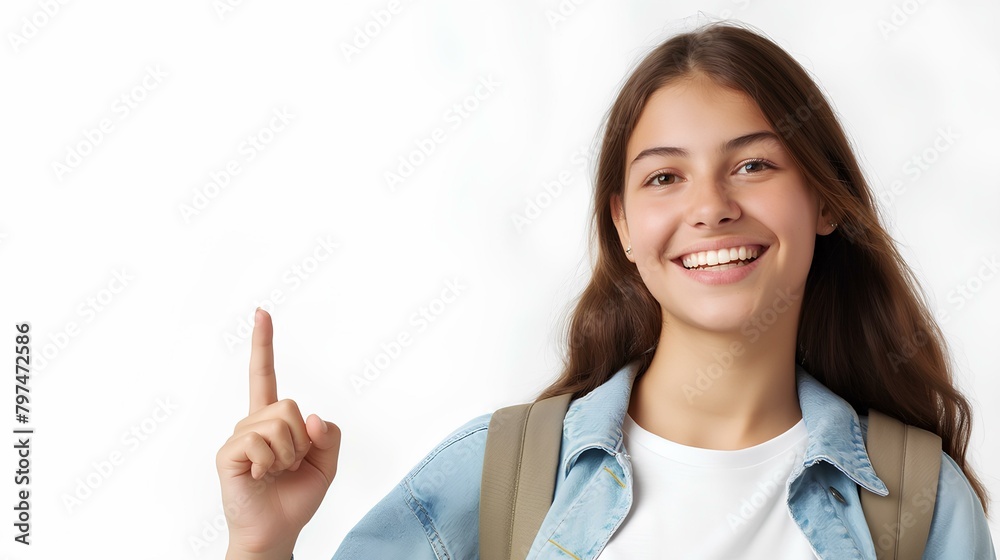 smiling female college student standing and pointing finger to side isolated over white background with copy space, mockup for advertising or product presentation. generative AI smiling female college student standing and pointing finger to side isolated over white background with copy space, mockup for advertising or product presentation. generative AI