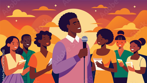 As the sun sets on a Juneteenth celebration the powerful voices of a spiritual gospel choir continue to resonate through the hearts and souls of all. Vector illustration