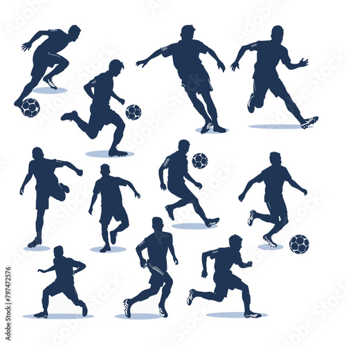 Dynamic silhouettes of soccer players in action, capturing the intensity and teamwork of the sport on a white canvas