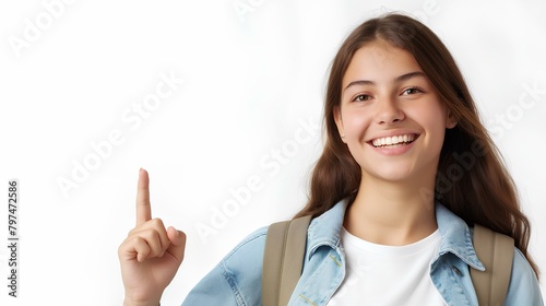 smiling female college student standing and pointing finger to side isolated over white background with copy space, mockup for advertising or product presentation. generative AI