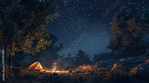 An adventurer camping under the stars in a remote wilderness setting