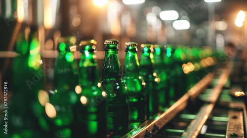 A vertical shot of green beer bottles lined up on a factory conveyor with a soft focus on the bright background lights 