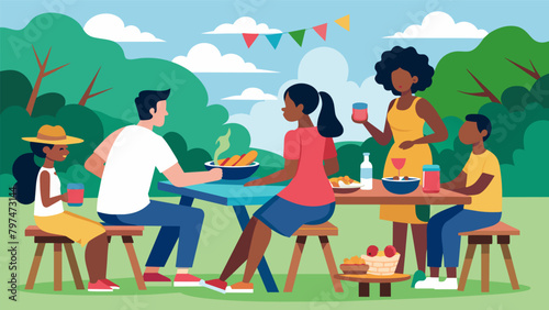 Families and friends sitting around picnic tables enjoying the warm summer breeze and delicious barbecue from the Juneteenth cookoff.. Vector illustration