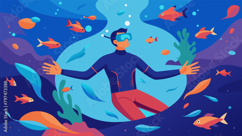 A man immersed in a virtual ocean feeling the weightlessness of the water and the coolness of the underwater currents against his body as he swims a.