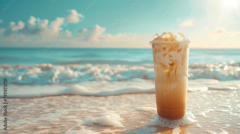 Dive into the refreshing coolness of summer with an invigorating iced coffee against a gentle pastel hue,  a moment of pure bliss