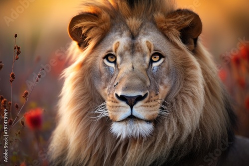 a close up of a lion