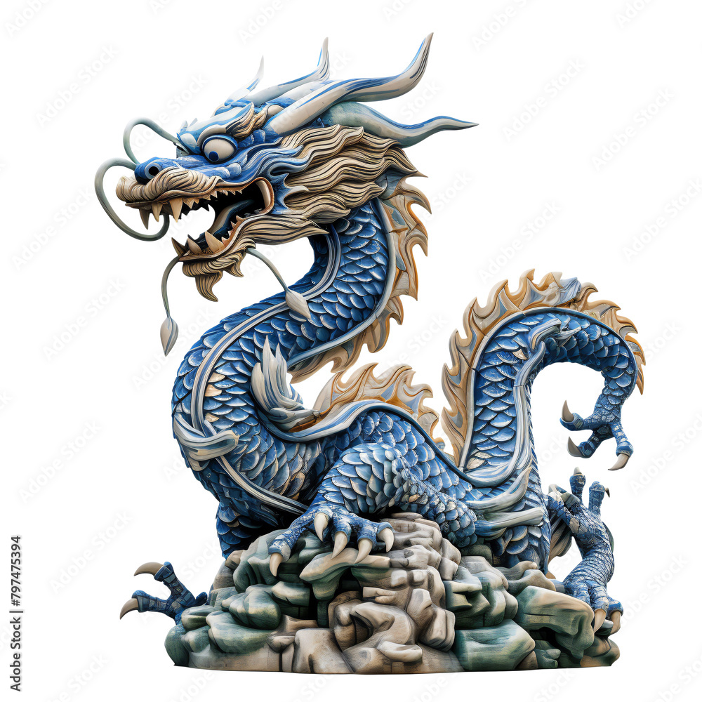Obraz premium Blue and gold dragon sculpture on rocks, png isolated on transparent