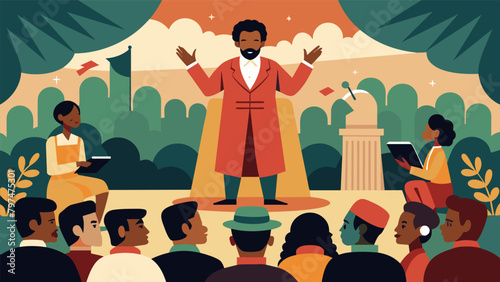 An openair theater showcases a reenactment of a moving speech given by a prominent AfricanAmerican figure during the first Juneteenth celebrations. Vector illustration