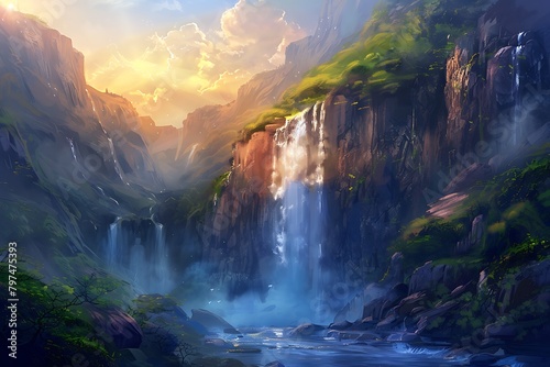Nestled in a picturesque valley, a cascading waterfall descends gracefully from rocky cliffs, its crystalline waters shimmering in the golden light of dawn