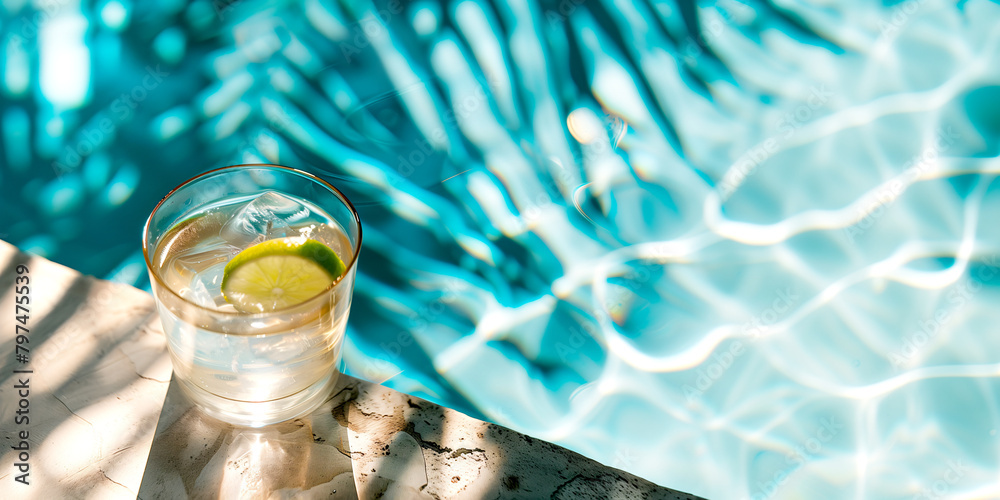 cocktail glass with a slice of green lime inside next to a swimming pool - obrazy, fototapety, plakaty 