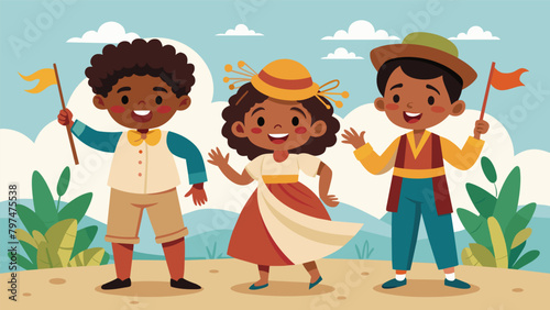 Children dressed in homemade costumes reenacting the first Juneteenth celebration through a play or skit.. Vector illustration