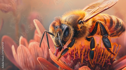 Close-up of a honeybee with its proboscis extended into a flower, extracting nectar with precision.