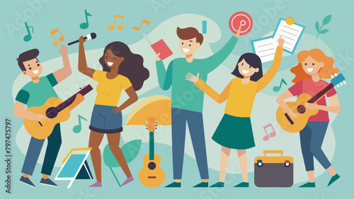 A group of teenagers creating their own original Freedom Song with notebooks and instruments tered around them.. Vector illustration
