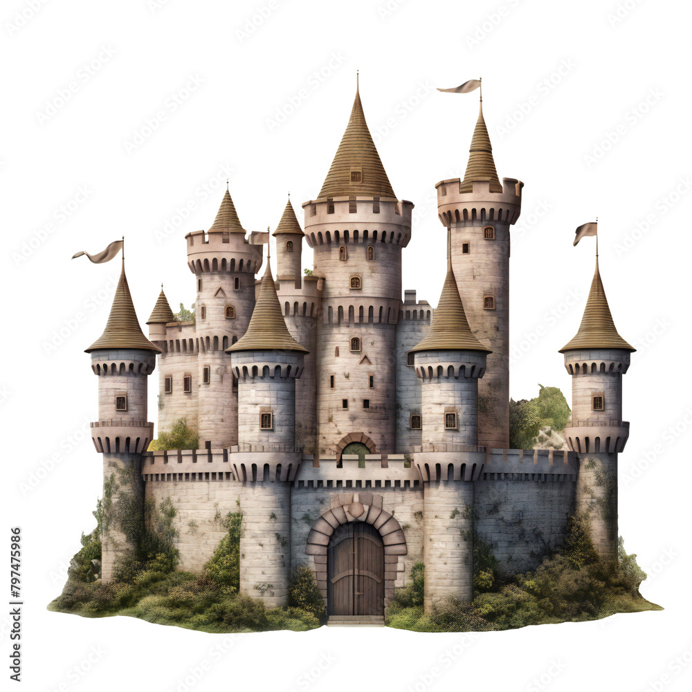 Medieval stone castle with multiple towers and flags, png isolated on transparent