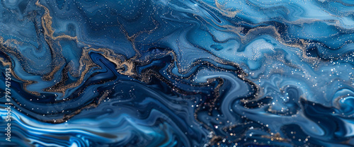 Captivating indigo marble ink spreads dynamically across a captivating abstract scene, adorned with dazzling glitters.