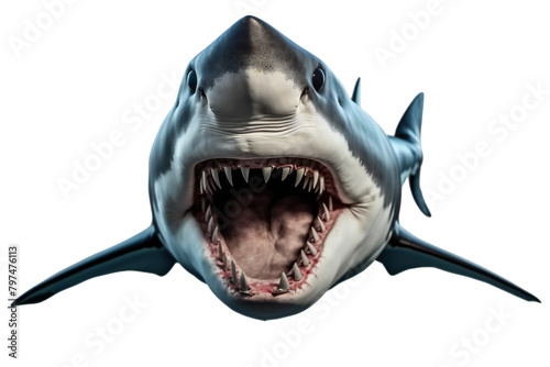 Front view of a great white shark with open mouth, png isolated on transparent photo