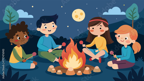 A group of siblings gathered around a campfire roasting marshmallows and sharing childhood memories on Super Sibling Day.