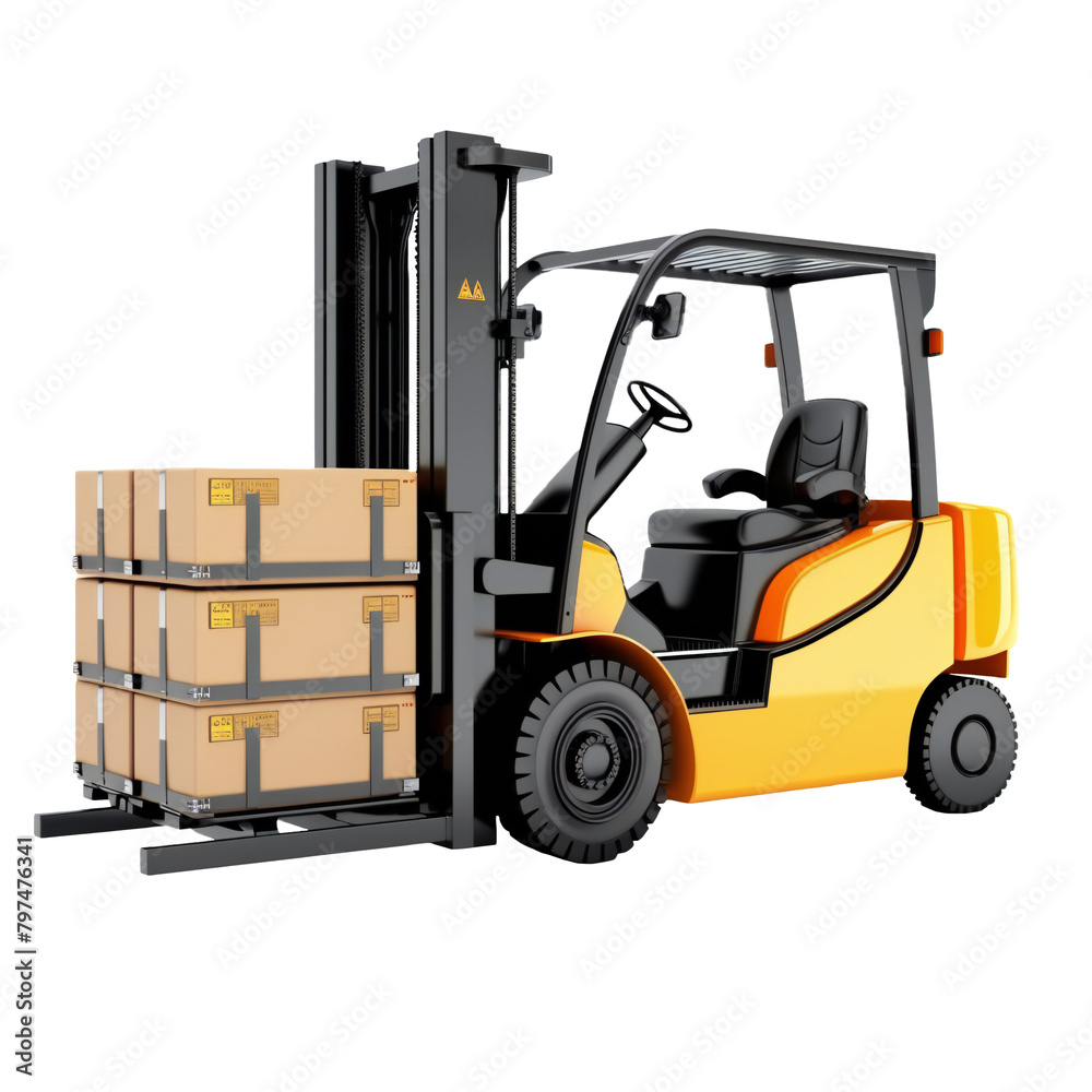 Forklift truck with loaded pallet, png isolated on transparent