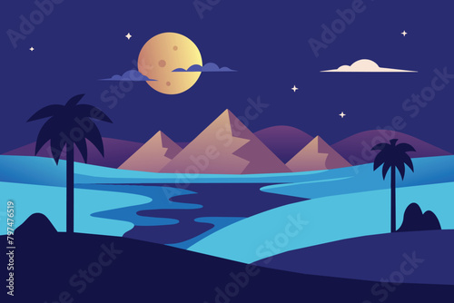 Desert oasis landscape at night vector design