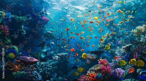 Colorful coral reefs teeming with vibrant fish  showcasing the mesmerizing diversity of marine life beneath the waves.