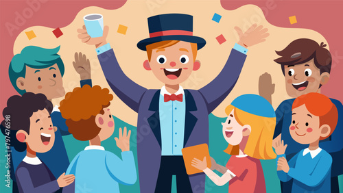 A rowdy crowd of children and their families cheer and applaud as a young magician flawlessly exees a complicated card trick leaving everyone