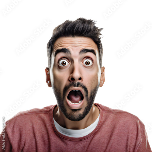 Shocked man with wide eyes and open mouth, png isolated on transparent