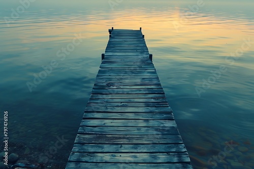 Overlooking a tranquil lake, a solitary wooden pier extends gracefully into the water, its weathered planks bearing witness to countless sunsets and quiet reflections.  photo