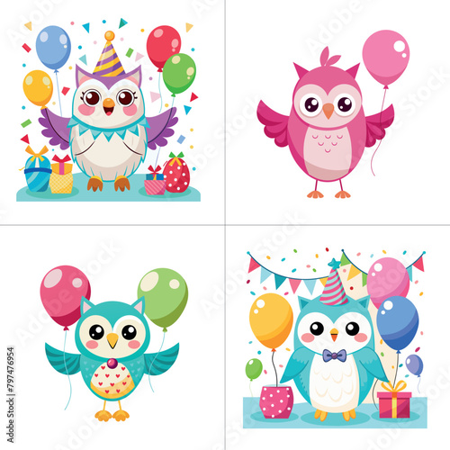 Cute birthday owl vector balloon.