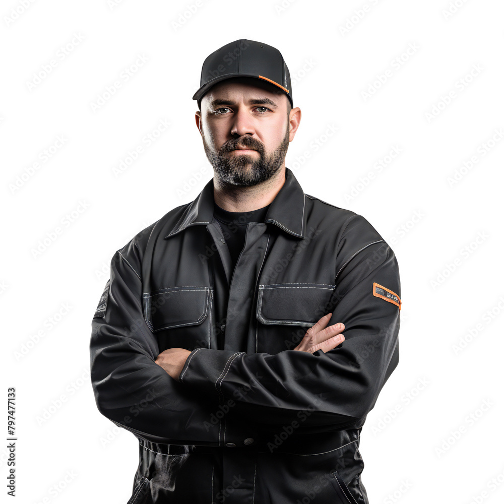 Serious bearded man in black workwear standing with arms crossed, png isolated on transparent Serious bearded man in black workwear standing with arms crossed, png isolated on transparent