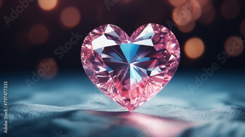 Pink diamond heart on a blue velvet cloth with a blurred background of lights.