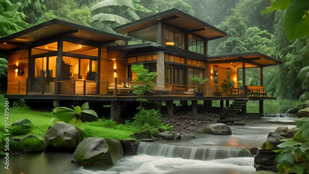 DZ(147) : Video Clip Concept design of a modern one-story cabin,house or cafe along the river with a waterfall in the forest . For use in structural design and As-Built Drawing. DZ(147) : Video Clip Concept design of a modern one-story cabin,house or cafe along the river with a waterfall in the forest . For use in structural design and As-Built Drawing.