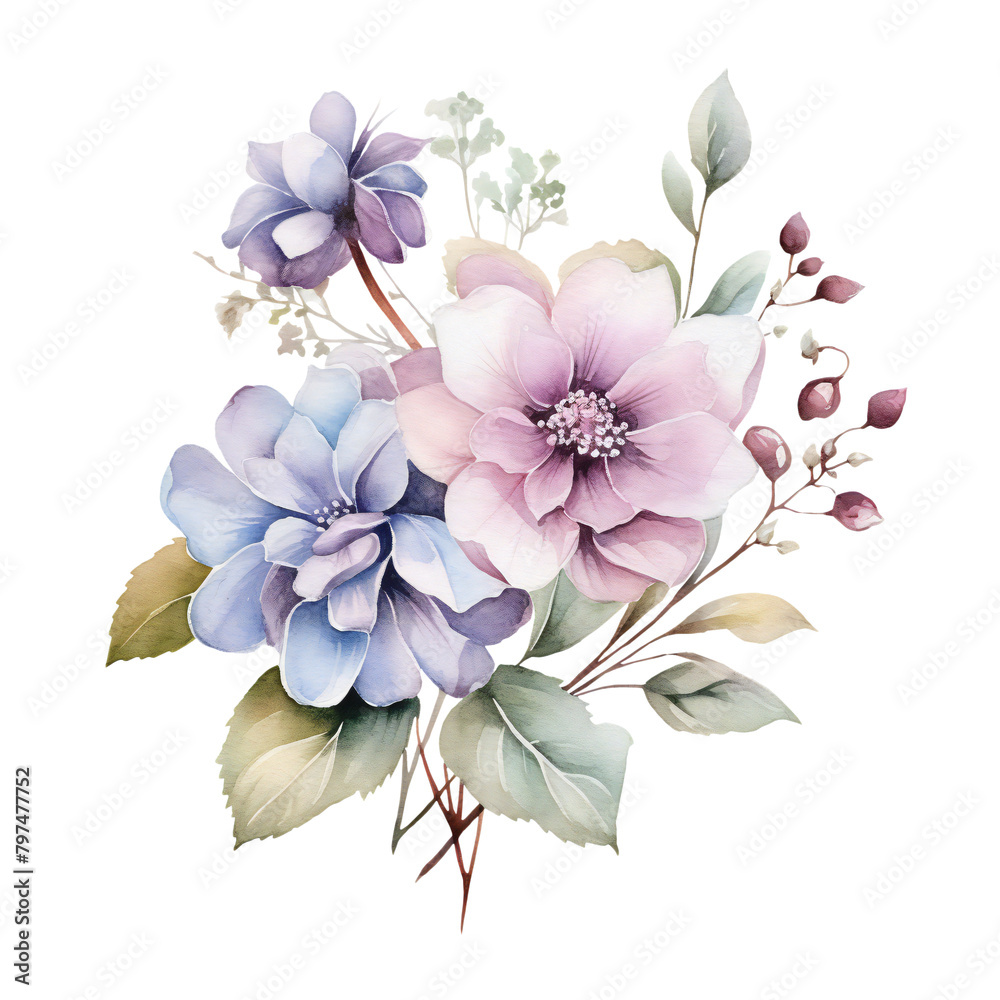 Watercolor bouquet of pink and blue flowers, png isolated on transparent