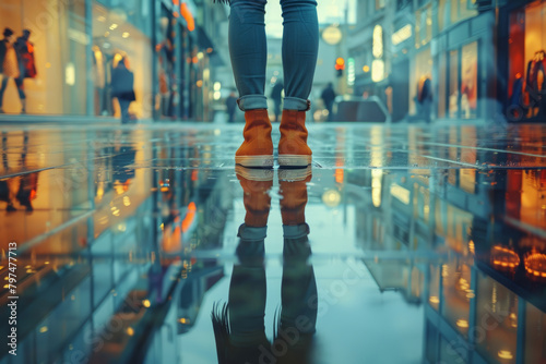 An image of a person's feet as her stand in front of a fashion store's show window, focusing on the reflection of the window in the polished floor surface, emphasizing the contrast between the two.