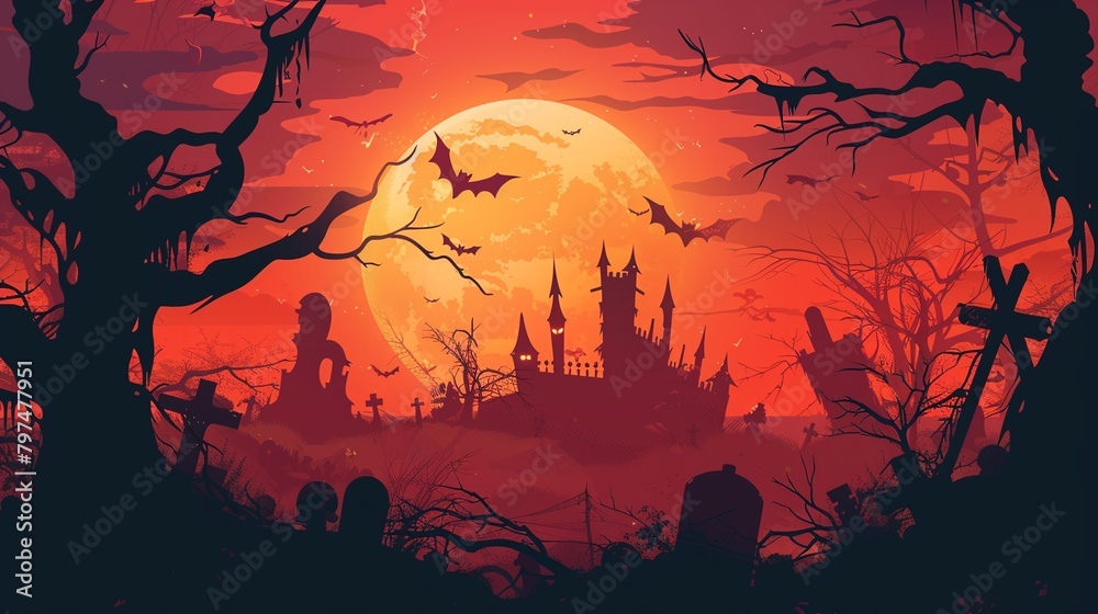 Halloween night banner with a spooky graveyard and castle backdrop  full moon casting eerie shadows  bats circling dead branches