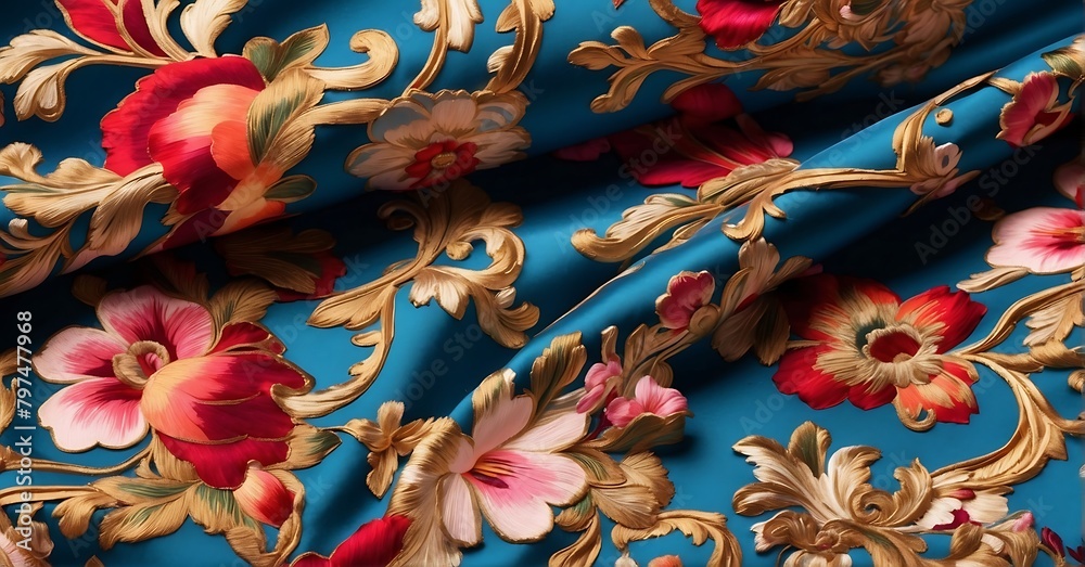 Blue silk fabrics with a pattern of gold and red flowers.