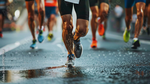 Close up on the legs of male marathon runners pounding the pavement capturing the spirit and challenge of road racing