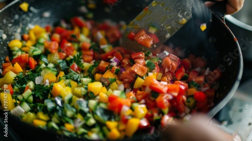 Overhead shot of colorful vegetables being chopped and prepared in a cooking pot