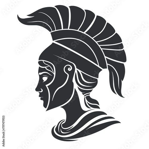 stylized, monochromatic depiction of a figure with a prominent helmet adorned with an intricate design © Supardi